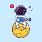 可爱的宇航员在月球卡通矢量图标插图上演奏吉他音乐。 孤立的科学音乐