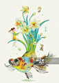 立春,水仙花,金鱼,插画,绿色正版图片素材