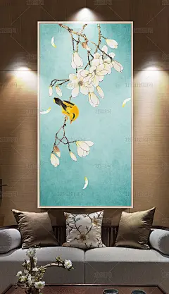 新中式手绘玉兰工笔花鸟玄关背景墙装饰画
