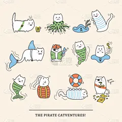 可爱的,卡通,毛绒绒,幸福,猫,可爱,海盗,彩色蜡笔,纸牌,贺卡