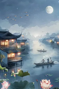 AI数字艺术古风中元节七月半祭祀插画