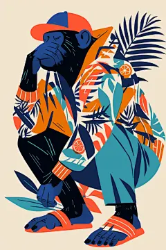 猴子和植物手绘图片