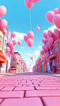 cartoon architecture, street, Valentine's Day, Pink Atmosphere，roses，dreamy， Love balloons ，float in the blue sky, in the style of artifacts of online culture, cute and colorful, dreamy, high detail, hyper quality, Bright color, fine luster, C4D, oc rende