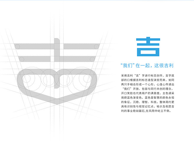 采用吉利“吉”字进行标志创作，吉字底部的口根据吉利标志造型演变而来，如同两只手相合形成一个心形，心连心传递出“我们”开放、包容与同行共创的理念 ...