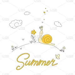 简单可爱的蜗牛看着飞舞的蝴蝶和惊喜。夏日涂鸦贺卡。