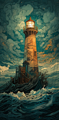 a lighthouse with an airplane in the sky, in the style of sam spratt, dark sky-blue and light gold, intricate illustrations, luminous pointillism, dark symbolism, becky cloonan, dark yellow and dark emerald, captivating light