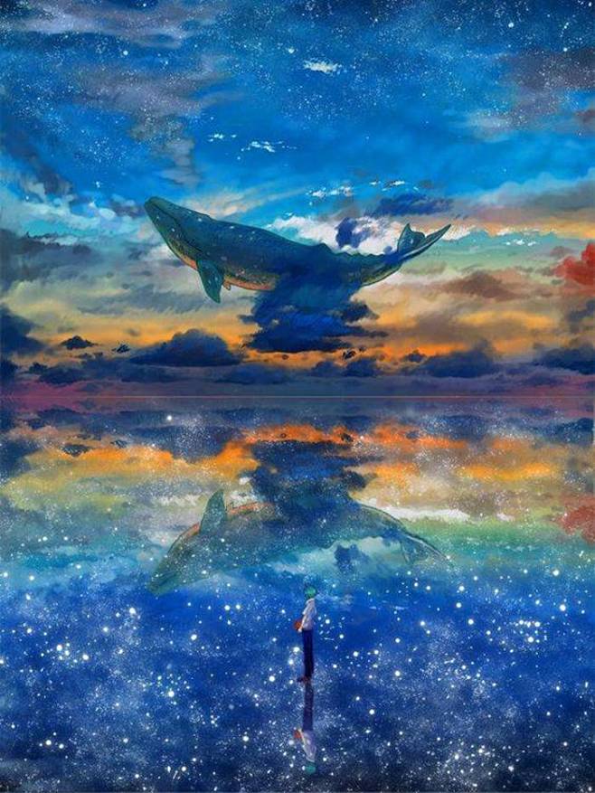  水彩 鲸鱼 唯美 色彩 可爱 星空 大...