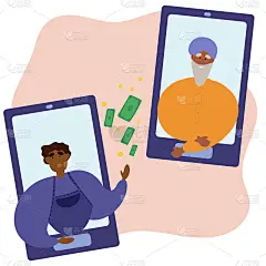 矢量插图一个儿子转移钱给父母。通过移动应用进行无现金金融交易。