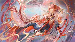 Anime 2133x1200 Wuthering Waves Changli (Wuthering Waves) anime girls anime games looking away smiling sword Cangchen parted lips yellow eyes two tone hair long hair bare shoulders braids women with swords thighs thigh strap wide sleeves ahoge simple back
