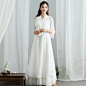 素影 春夏系带汉服仙女棉麻真丝邹双层白色大摆连衣长裙 禅意茶服