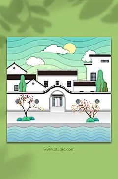 创意大气徽派建筑元素插画