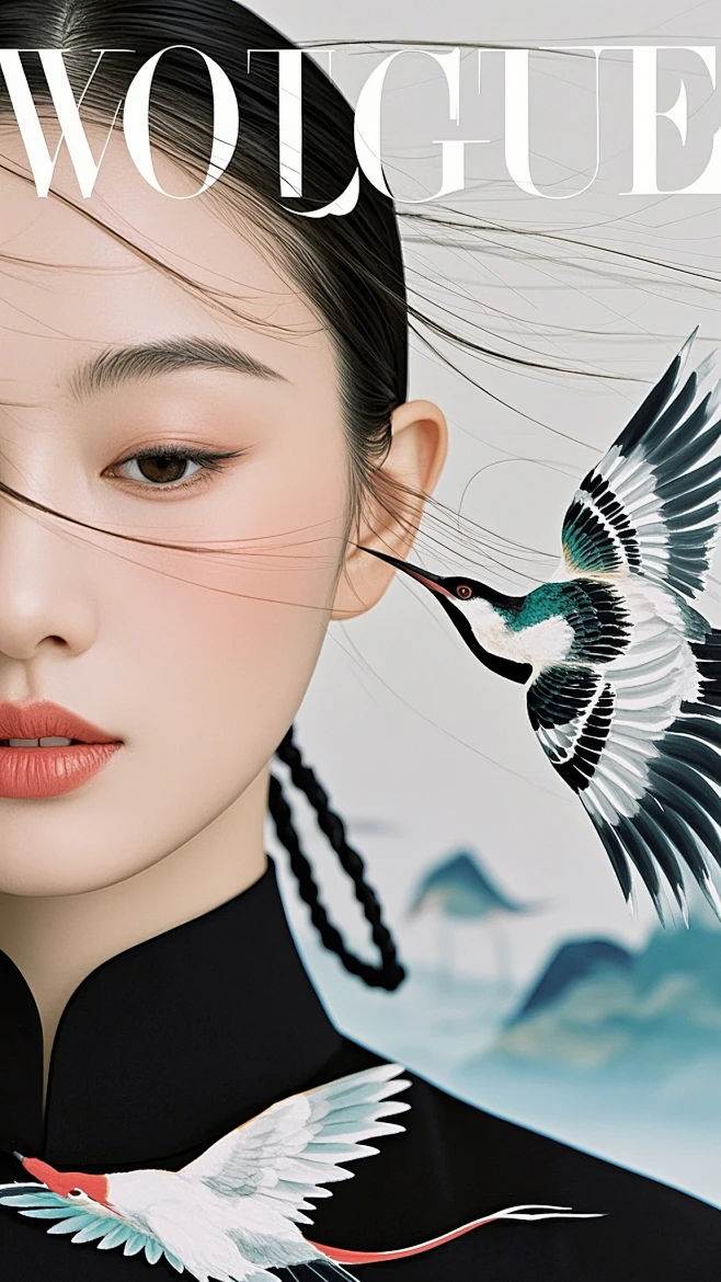时尚艺术摄影，超现实摄影结合现代工笔画，虚实结合，亚洲艺术和插画、杂志封面、传单、海报艺术，运动极简主义风格，展示极简女性美，特写脸部，浅红色 ...