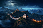月落星出夜景长城中国北京长城摄影图