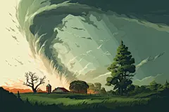 扁平风被破坏的房屋自然灾害龙卷风插画