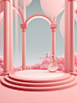 Pink stage design, tabletop decorated with arches and round plinths, roman columns, gilded ornaments, romantic podium, fantasy sky background, pink trees and clouds, stripes and shapes, 3d rendering, c4d, Bauhaus style design, vibrant stage backdrop, symm