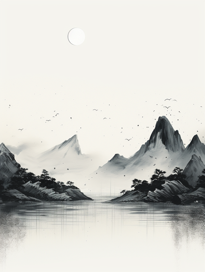 极简主义山水插图，水墨山脉由不同的线条组...