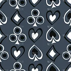 无缝矢量模式与图标的扑克牌。蓝色背景与手绘符号。装饰重复点缀。系列游戏和赌博无缝矢量模式。