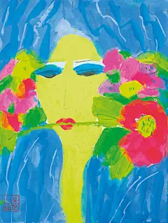Blue-Haired Woman with Flowers