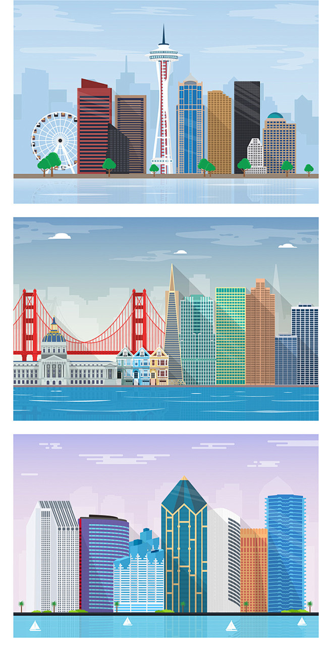 扁平世界著名城市建筑轮廓拉斯维加斯华盛顿西雅图插画ai矢量素材淘宝