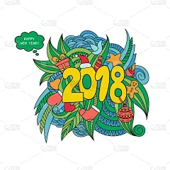 手绘2018年插画。涂鸦新年主题的物品。禅宗色彩鲜艳的图形。矢量涂鸦插图日历，贺卡