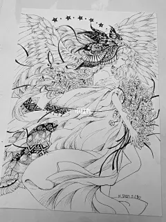 黑白手绘#翅膀#花#女孩 : 标题想到头秃，临摹线语集里的图，里面的案例看着都眼花，画的时候就改了一些细节，线条还要多多改进！@小红叔 @薯队长