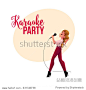 Karaoke party, contest banner, poster, postcard design with female singer, cartoon vector illustration on white background. Karaoke party banner with full length portrait of pretty woman singing