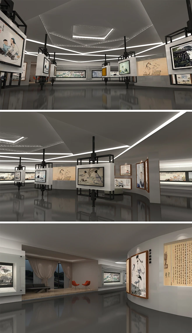 中式名人书画展馆室内设计3D模型及效果图-花瓣网