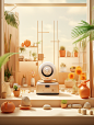 smart kitchens robots & robot vacuums | xiaomi home launch, in the style of dreamy surrealist compositions, mural-like compositions, beige and amber, playful typography, rendered in cinema4d, tender depiction of nature, kodak ektar 100