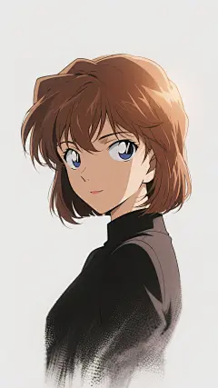 名侦探柯南动漫角色，灰原哀，极致光影，逆光，肖像，纯色背景，笔触质感_，颗粒感，朦胧感_，极简主义