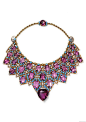 Cartier, Paris, Bib Necklace, 1947, twisted 18-carat and 20-carat gold, platinum, brilliant- and baguette-cut diamonds, one heart-shaped faceted amethyst, twenty-seven emerald-cut amethysts, one oval faceted amethyst, and turquoise cabochons.