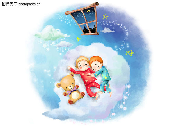 可爱小情侣彩绘人物情景模板小熊睡姿甜美梦乡月色小孩小朋友两小无猜