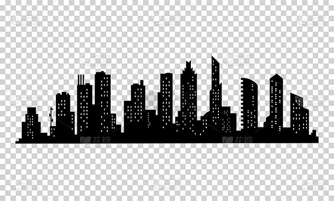 城市轮廓。现代城市景观。城市景观建筑剪影在透明的背景。城市天际线与窗户在一个平坦的风格