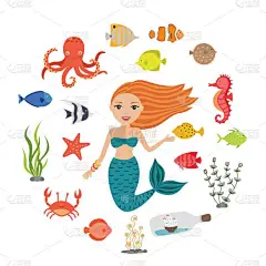 海洋插图集。小可爱的卡通美人鱼, 有趣的鱼, 海星, 瓶子与船, 藻类, 螃蟹, 海马, 章鱼。海主