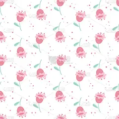 矢量无缝模式与程式化的精致的粉红色花与绿色的叶子。适合壁纸，剪贴簿，夏季和婚礼设计，包装，纺织品，织