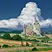 This may contain: a painting of a person standing on a road in front of a large white castle