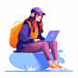 Girl downloading on laptop Vector flat Illustration white background