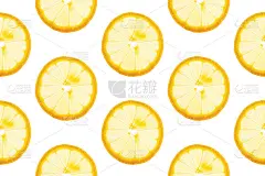 从圆形透明的熟透多汁的黄色柠檬片在白色的背景无缝模式