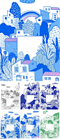 6款线条手绘城市插画PSD素材202047 - 设计素材 - 比图素材网
