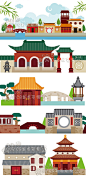 049卡通扁平化中国日本传统古代建筑古镇风景banner图案背景素材-淘宝网