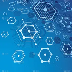 模块化的包豪斯3d矢量蓝色背景，从简单的几何图形，如六边形和线条创建。最适合用作广告海报或横幅设计。