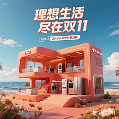 jimeng-2025-06-26-4513-使用 C4D 进行 3D 建模渲染，制作一张海尔电器品牌京东电商促销海报。构建一