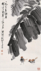 美呆头关山月（1912〜2000）-------≪麻雀芭蕉≫，其笔墨厚重，画面简练大气。