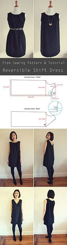 Free sewing pattern - reversible shift dress. The dress can be worn 2 ways: pleated crewneck or v-neck!