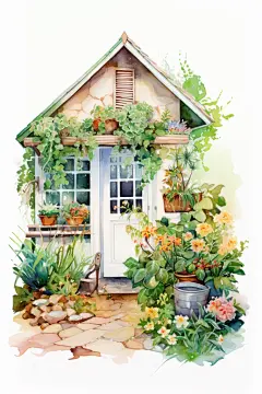 建筑铅笔绿植房屋花园水彩画插画