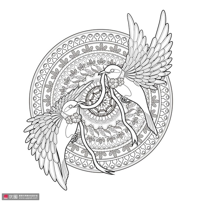 线条白描人物花卉欧式花纹团花纹样图案素材...