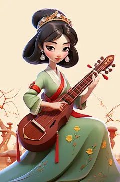 AI数字艺术弹古琴国风汉服女孩插画