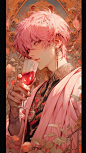 a man with pink hair holding a wine glass