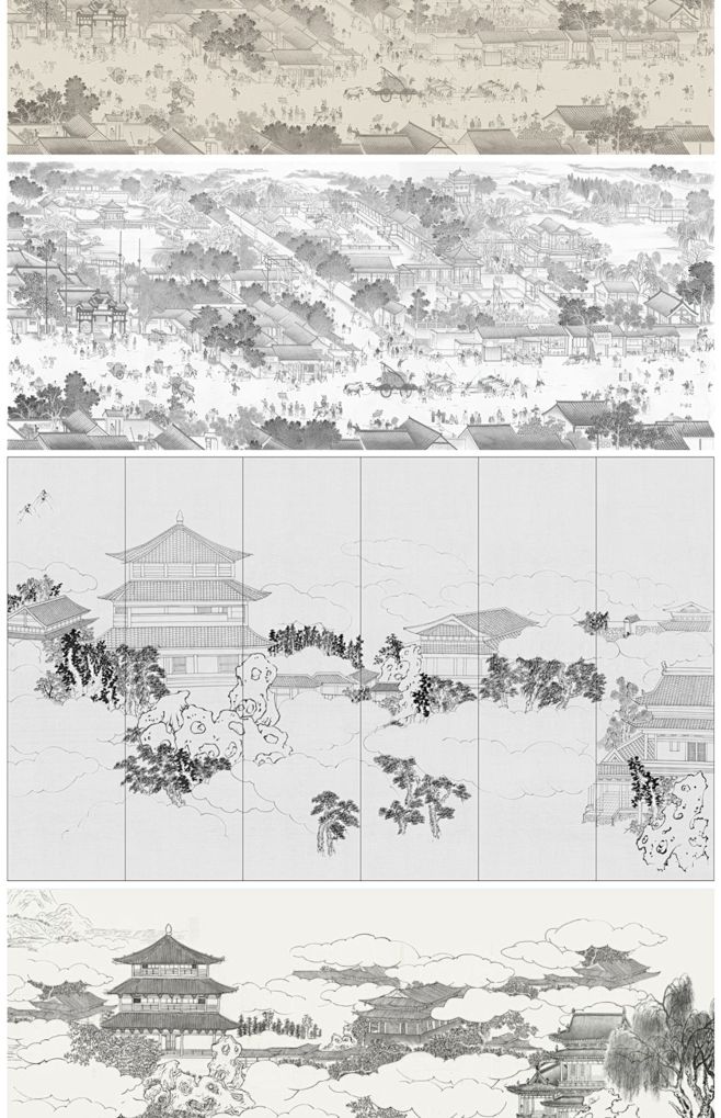 2023中式新中式手绘山水建筑竹子抽象古...