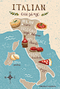 Cuisine of Italy Map : This map shows Italian food by region or city and is inspired by travel and food.  Created with hand drawn lines and brush textures it is a digital image.