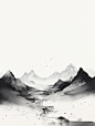 极简主义山水插图，水墨山脉清晰黑白
